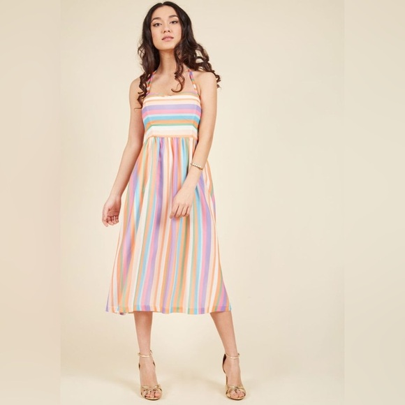ModCloth Pastel Striped Halter Midi Dress Size Large - Picture 2 of 7